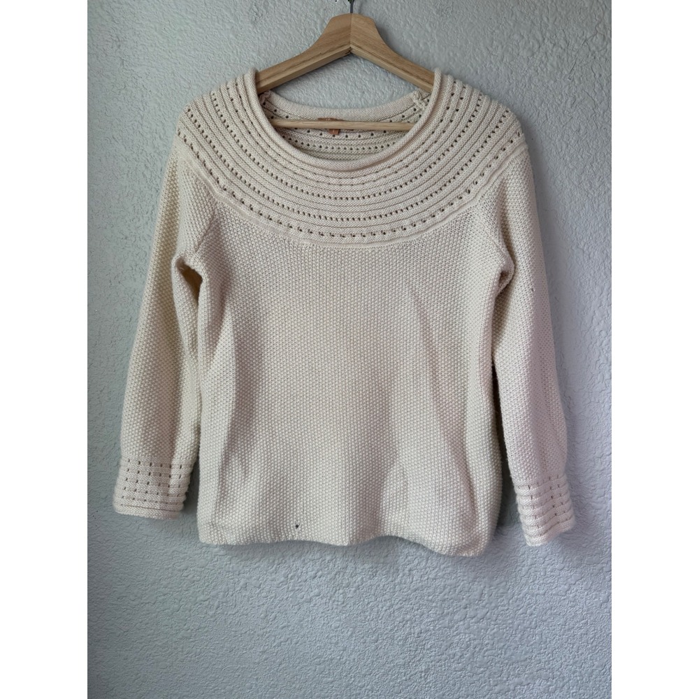 Kier + J Cream Wool Cashmere Blend‎ Pointelle Yoke Pullover Sweater Womens Small